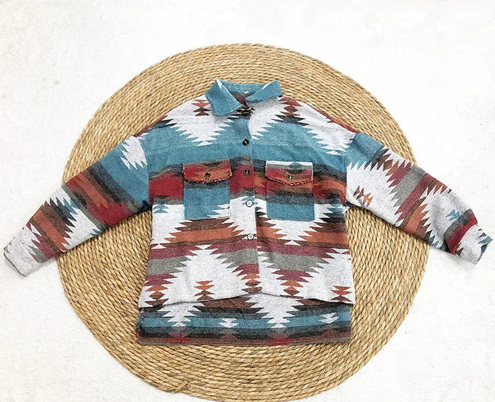 Vintage Aztec Denim Jacket with Collar – Wool Lined Loose Fit Long Sleeve Outerwear for Trendy Streetwear Vibes