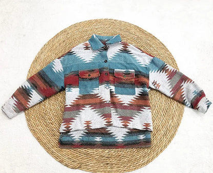 Vintage Aztec Denim Jacket with Collar – Wool Lined Loose Fit Long Sleeve Outerwear for Trendy Streetwear Vibes