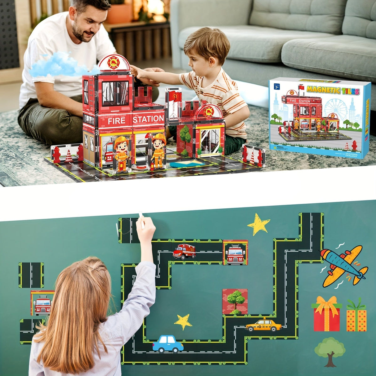 Fire Station Magnetic Construction Playset – Interactive Parking Garage with Vehicles, Ramps, and Traffic Signs for Boys and Girls