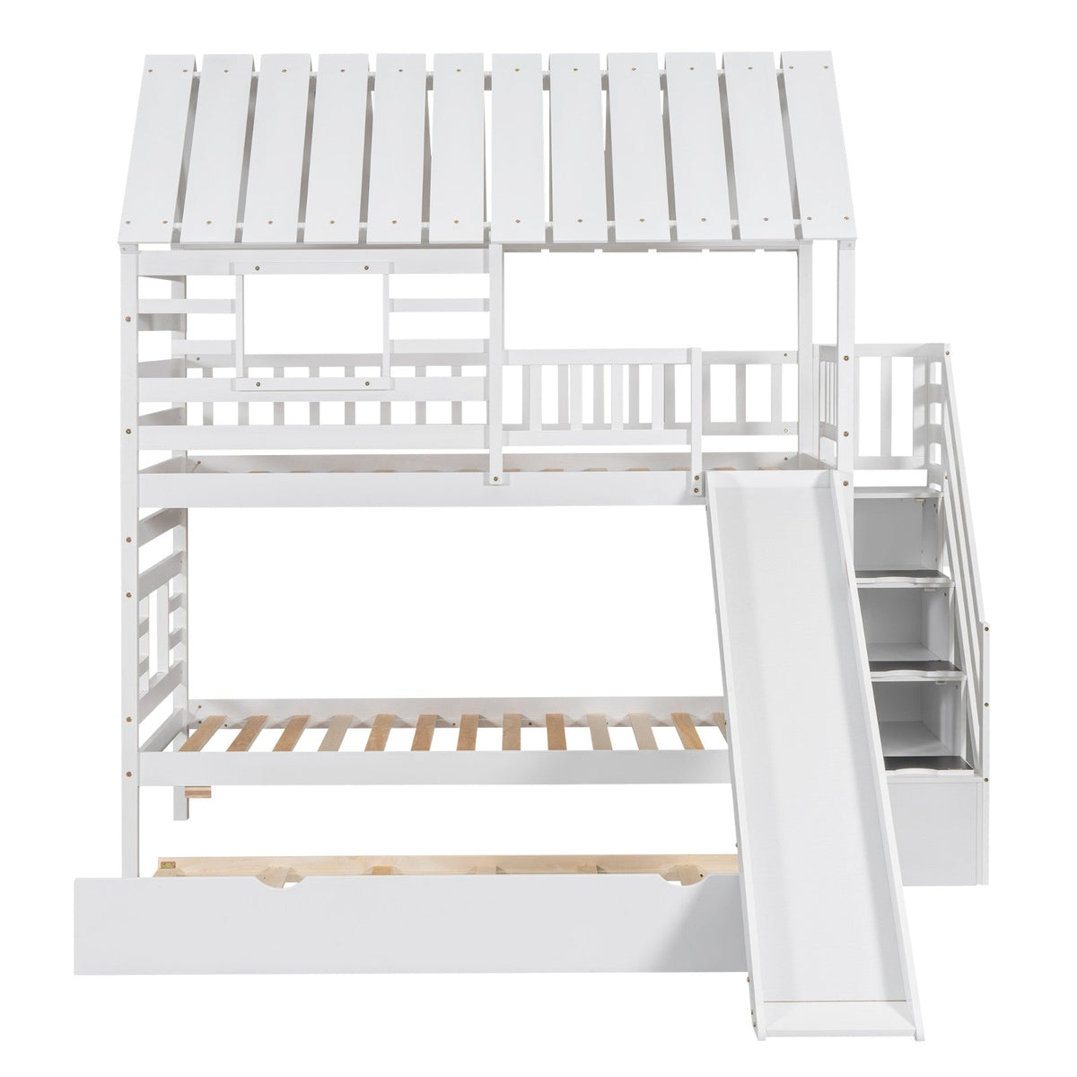 Twin over Twin House Bunk Bed with Roof and Window Design, Trundle, Slide, and Storage Staircase