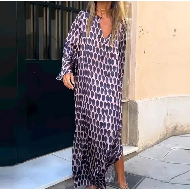 Floral Geometric Split Dress – Women’s Summer Long Sleeve V-Neck Ankle-Length Print Dress for Casual Fashion and Comfortable Elegance