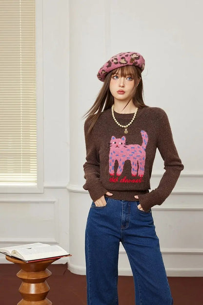Autumn/Winter Cat Pattern Jacquard Sweater – Slim-Fit Short Pullover for Women with Playful Leg Cartoon Print, Cozy Seasonal Knit Style