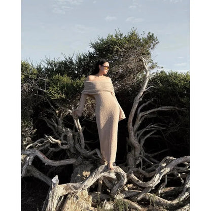 Off-Shoulder Knit Maxi Long Dress – Hollow-Out See-Through Cover-Up for Beach, Holiday, & Party Glam