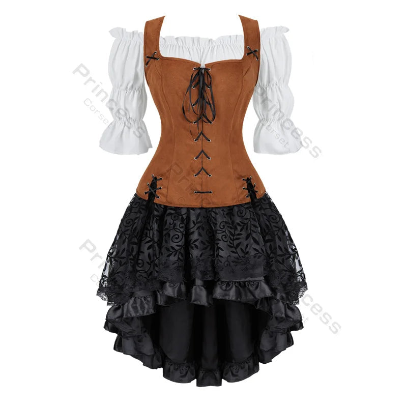 Women’s Pirate Corset Dress – Plus Size Brown Faux Leather Steampunk Costume with Off-Shoulder Blouse for Halloween Party Cosplay
