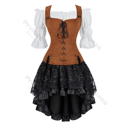 Women’s Pirate Corset Dress – Plus Size Brown Faux Leather Steampunk Costume with Off-Shoulder Blouse for Halloween Party Cosplay
