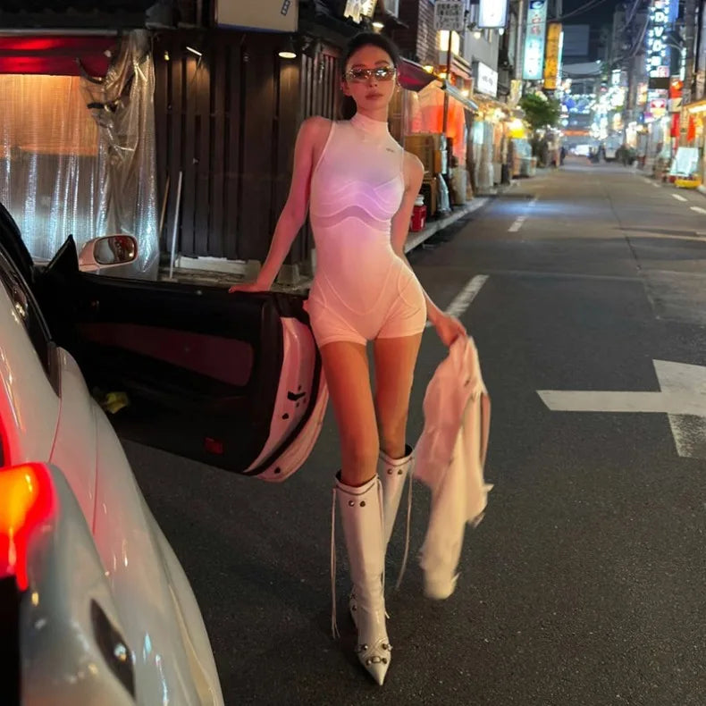 Women Mesh Splicing Sports Jumpsuit – Sleeveless Hollow-Out Playsuit with Body-Shaping Fit for Street Style Wear