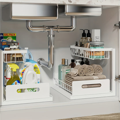 Two Tier Pull-Out Under Sink Organizer – Sliding Cabinet Shelf Storage for Kitchen or Bathroom, Space-Saving and Easy Access for Cleaning Supplies