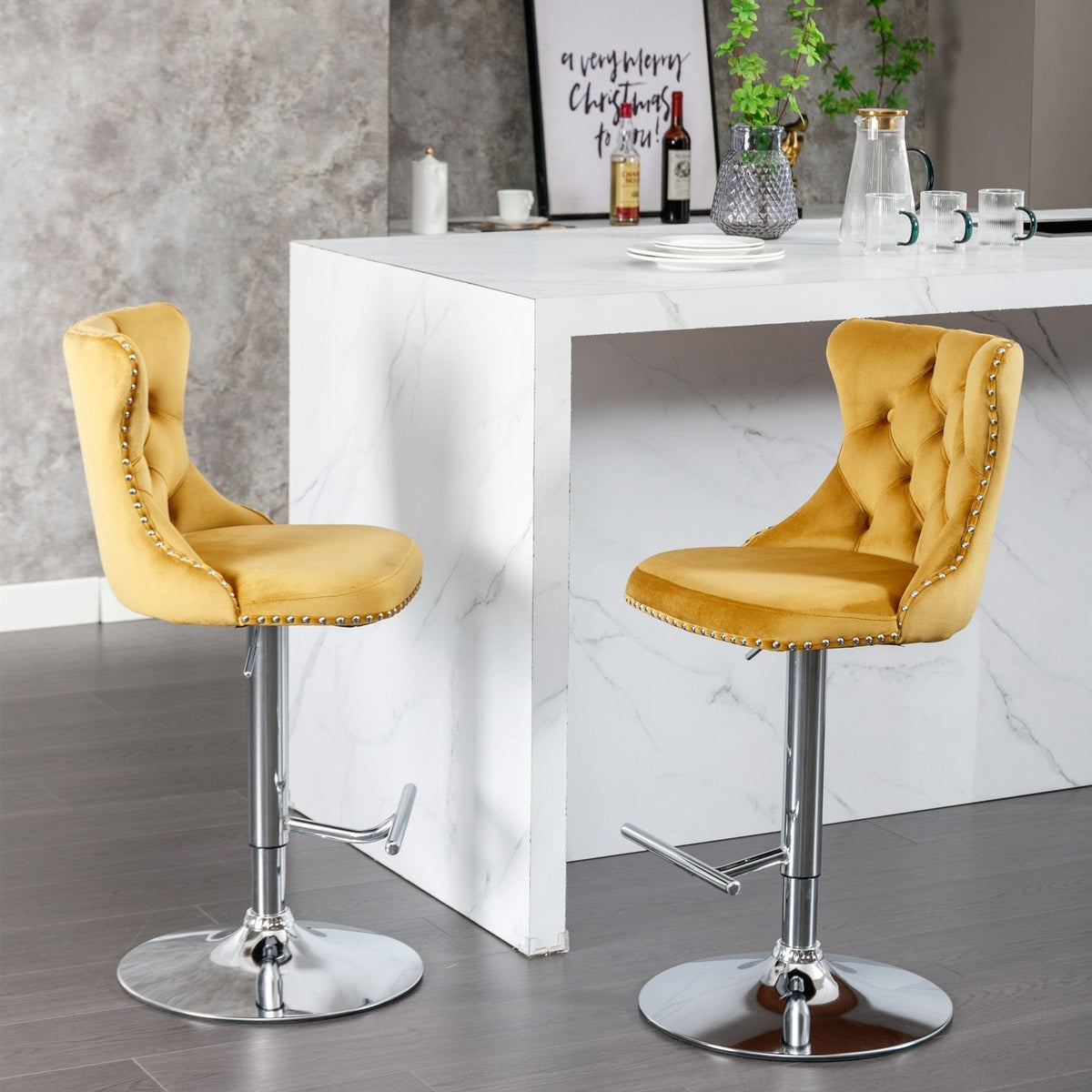 Modern Upholstered Chrome Base Bar Stools with Backs, Comfortable Tufted for Home, Pub, and Kitchen, Set of 2 (25-33 Inch)