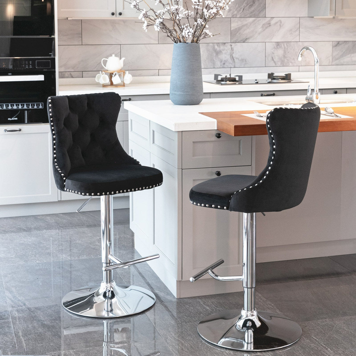 Modern Upholstered Chrome Base Bar Stools with Backs, Comfortable Tufted for Home, Pub, and Kitchen, Set of 2 (25-33 Inch)
