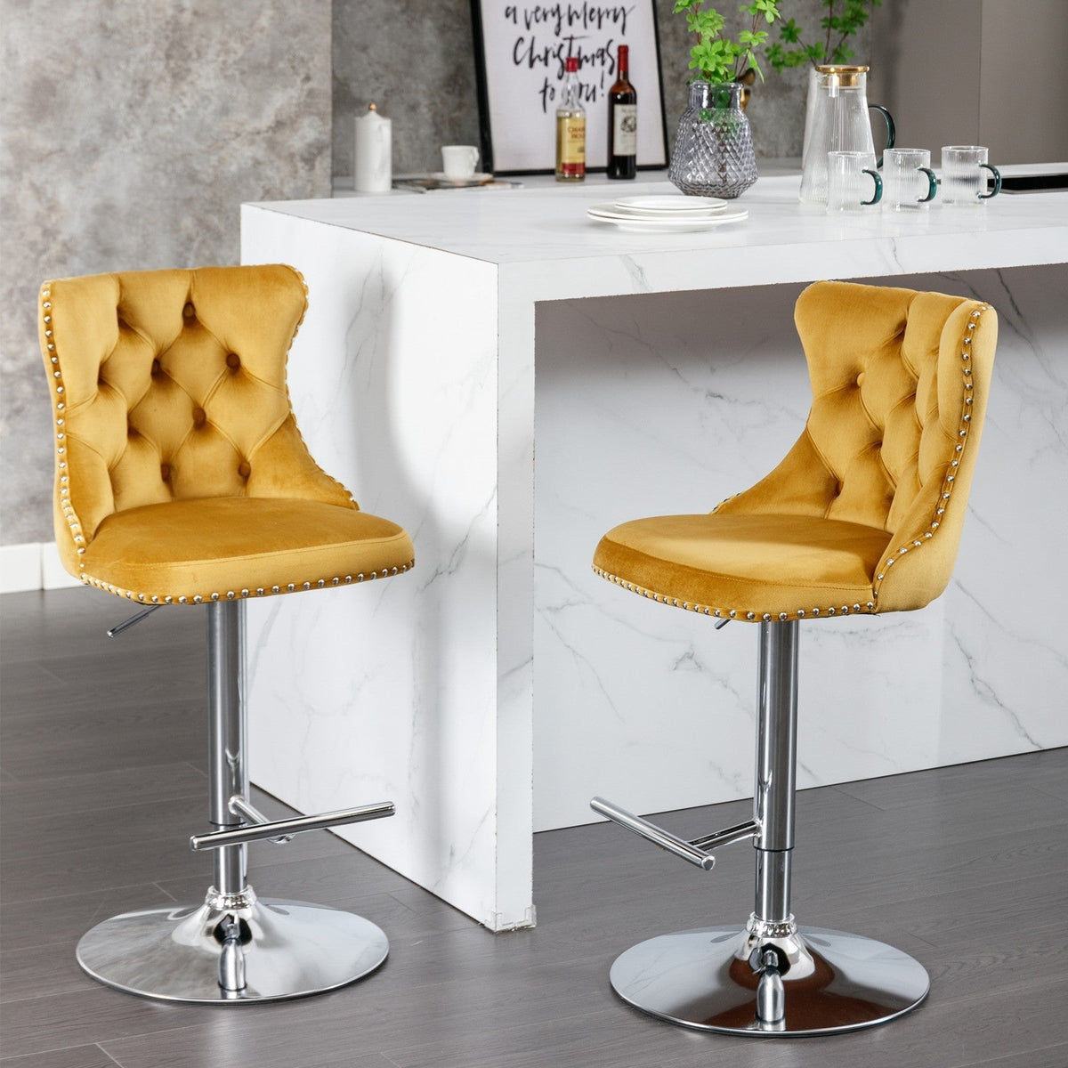 Modern Upholstered Chrome Base Bar Stools with Backs, Comfortable Tufted for Home, Pub, and Kitchen, Set of 2 (25-33 Inch)