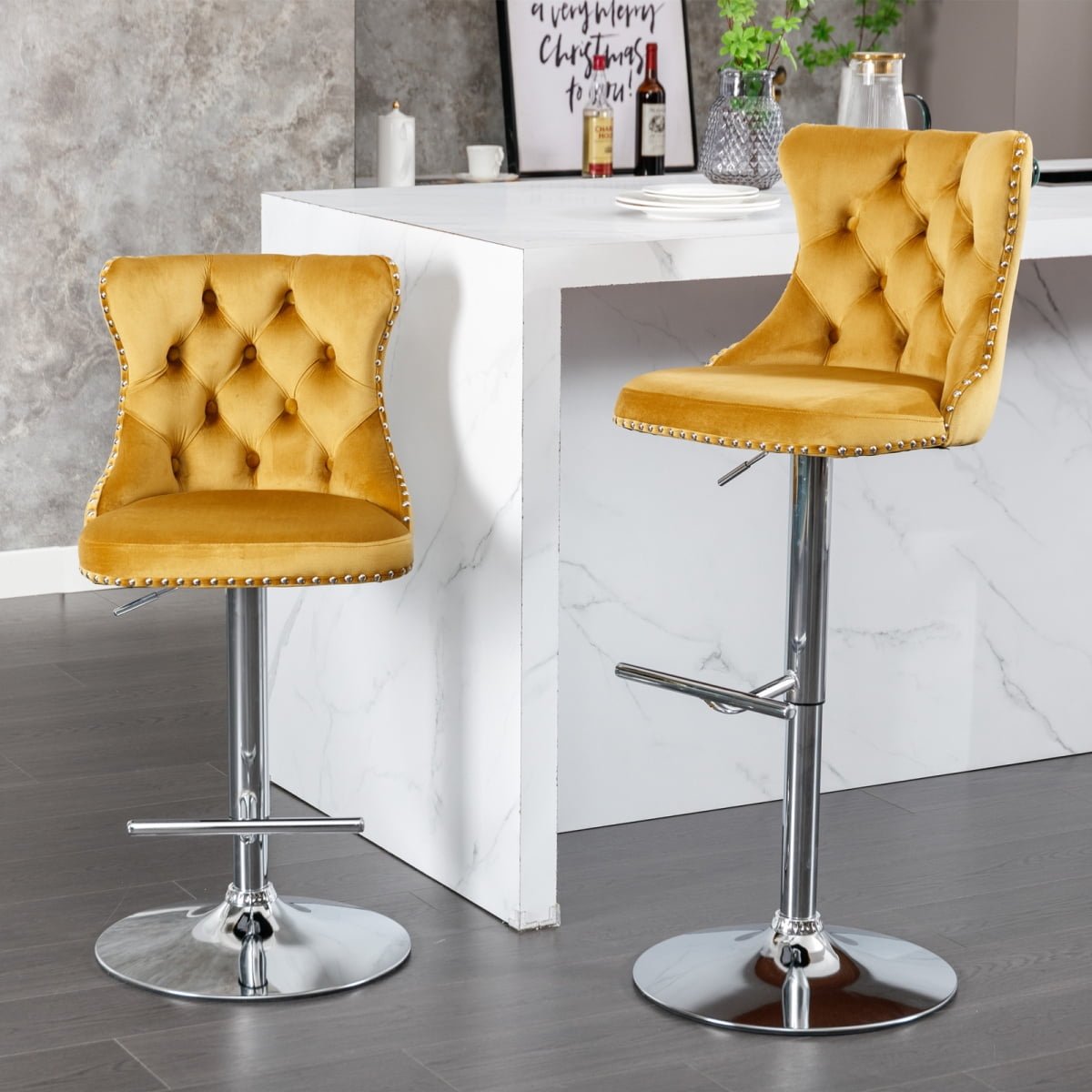 Modern Upholstered Chrome Base Bar Stools with Backs, Comfortable Tufted for Home, Pub, and Kitchen, Set of 2 (25-33 Inch)
