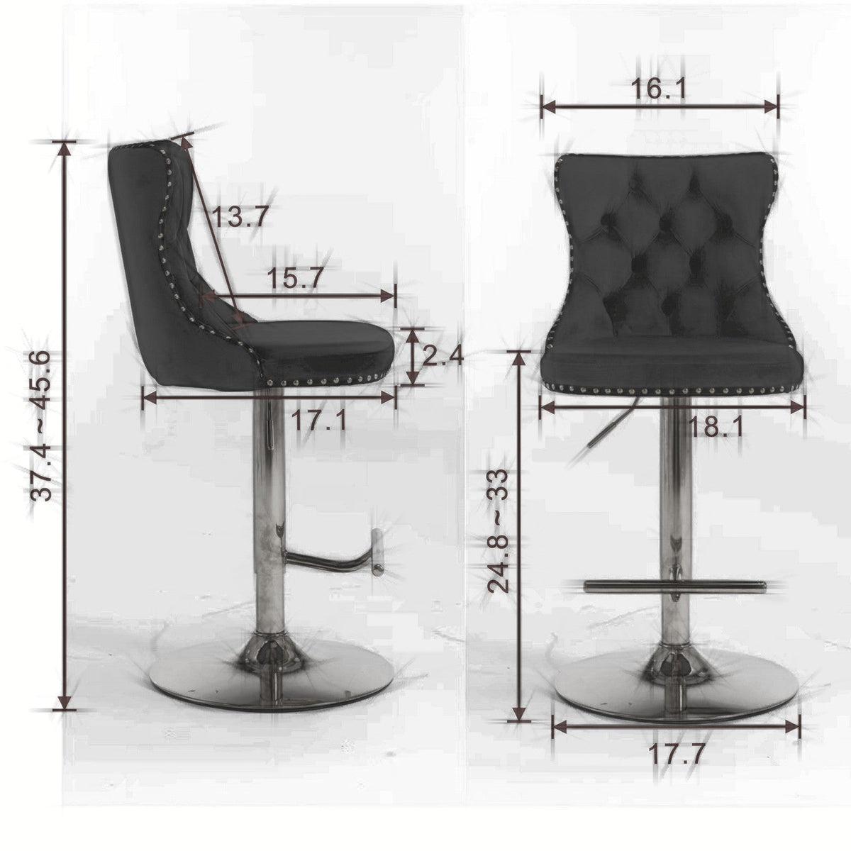Modern Upholstered Chrome Base Bar Stools with Backs, Comfortable Tufted for Home, Pub, and Kitchen, Set of 2 (25-33 Inch)