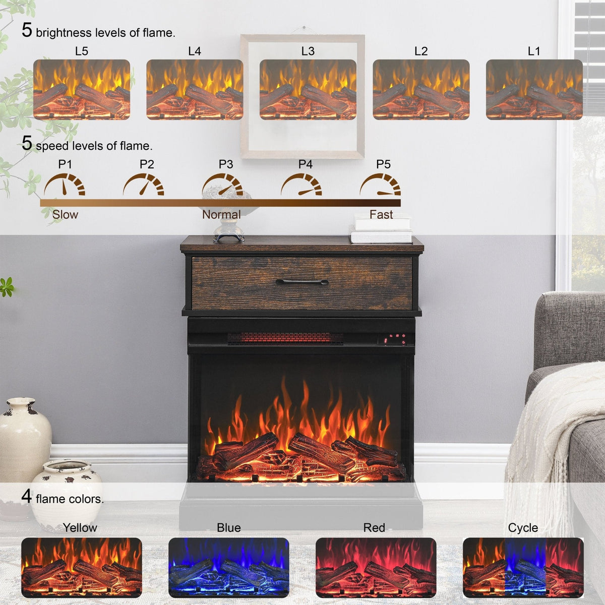 Stand Side Table with 3-Sided Glass Electric Fireplace (25inch)