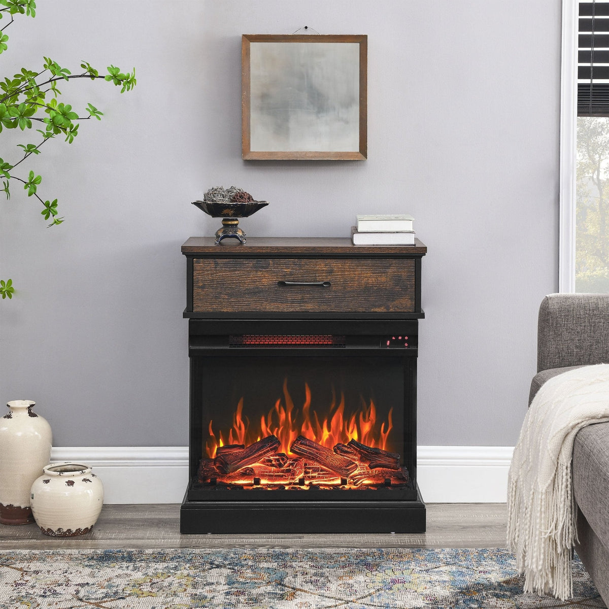 Stand Side Table with 3-Sided Glass Electric Fireplace (25inch)