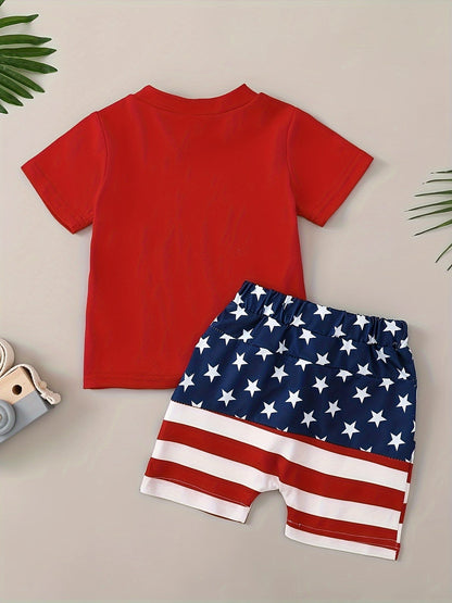 All-American Dude Baby Boys’ 2-Piece 4th of July Set – Red Patriotic T-Shirt & Stars-and-Stripes Shorts for Summer Independence Celebrations