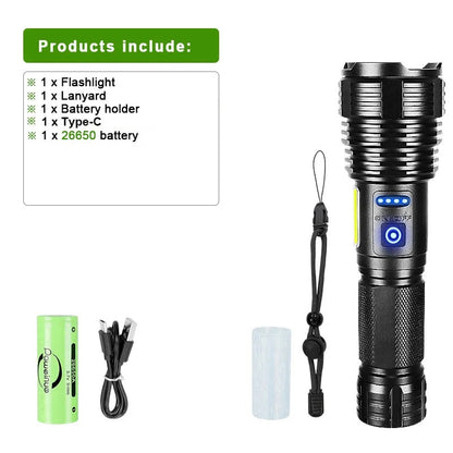 High Power Zoom Flashlight - 10000LM Rechargeable LED Torch with COB & 1500M Range
