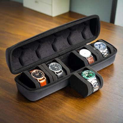 Five Slot Hard Shell Watch Travel Box – Compact Handbag Organizer with Soft Cushions for Men’s & Women’s Watches On-the-Go Protection