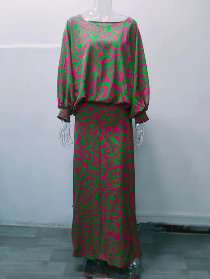 Floral Vacation Dress Set – 2-Piece Maxi Skirt & Blouse with Big Swing Hem for Summer Holiday Style