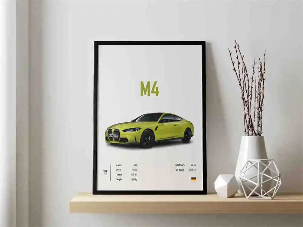 Retro German Supercar Poster Set – Pop Aesthetic Canvas Wall Art Featuring M8, M4, R8, RS6 for Garage or Home Decor