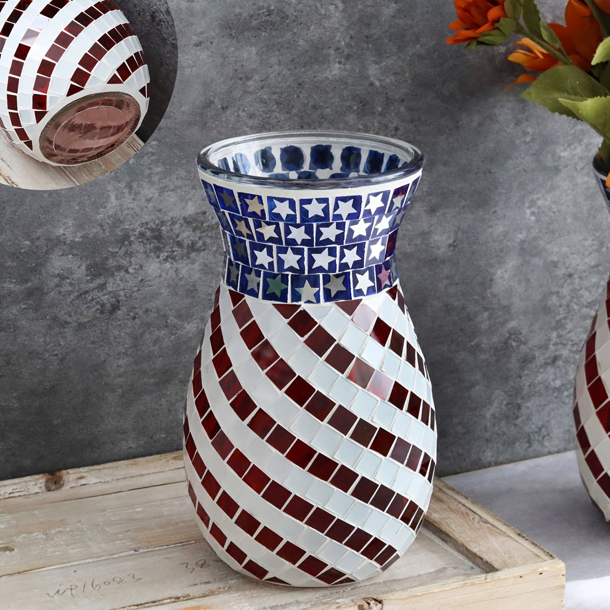 Glam Glass Teardrop Vase – Modern Striped Mosaic Red White Blue Botanical Design, Patriotic Art-Inspired Home Decor for Independence Day, Memorial Day, or Creative Festive Centerpieces