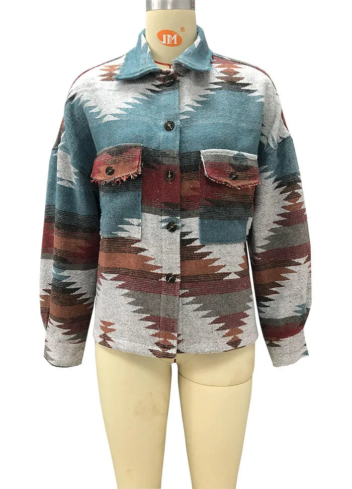 Vintage Aztec Denim Jacket with Collar – Wool Lined Loose Fit Long Sleeve Outerwear for Trendy Streetwear Vibes