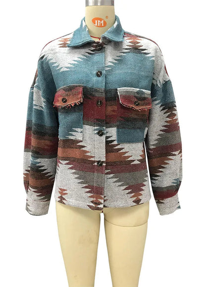 Vintage Aztec Denim Jacket with Collar – Wool Lined Loose Fit Long Sleeve Outerwear for Trendy Streetwear Vibes