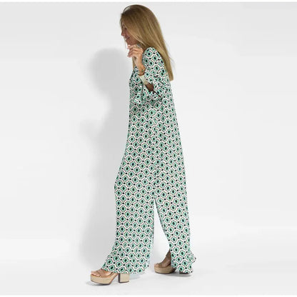 Floral Geometric Split Dress – Women’s Summer Long Sleeve V-Neck Ankle-Length Print Dress for Casual Fashion and Comfortable Elegance