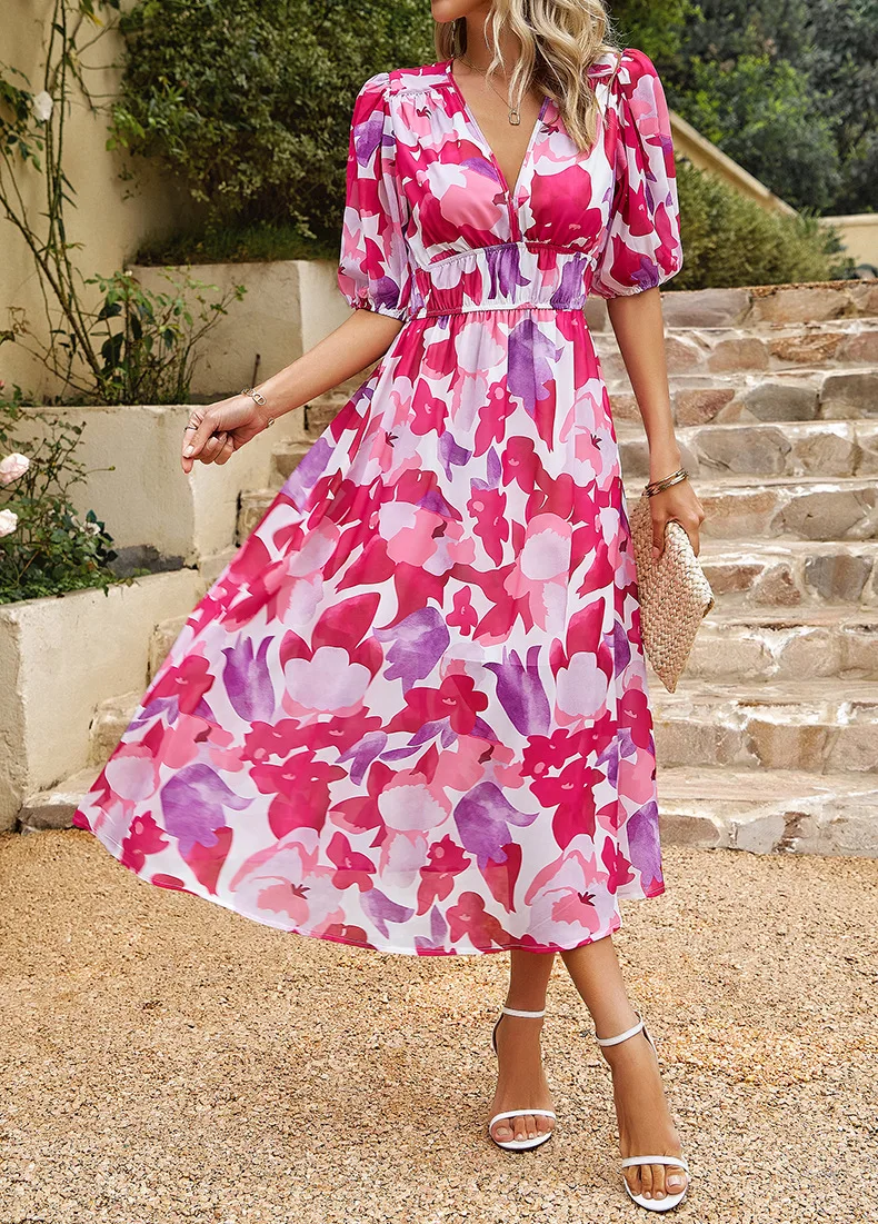 Vintage Mesh V-Neck Printed Midi Dress – Lantern Sleeve V-Neck Beauty with an Elastic Waist for Chic Parties