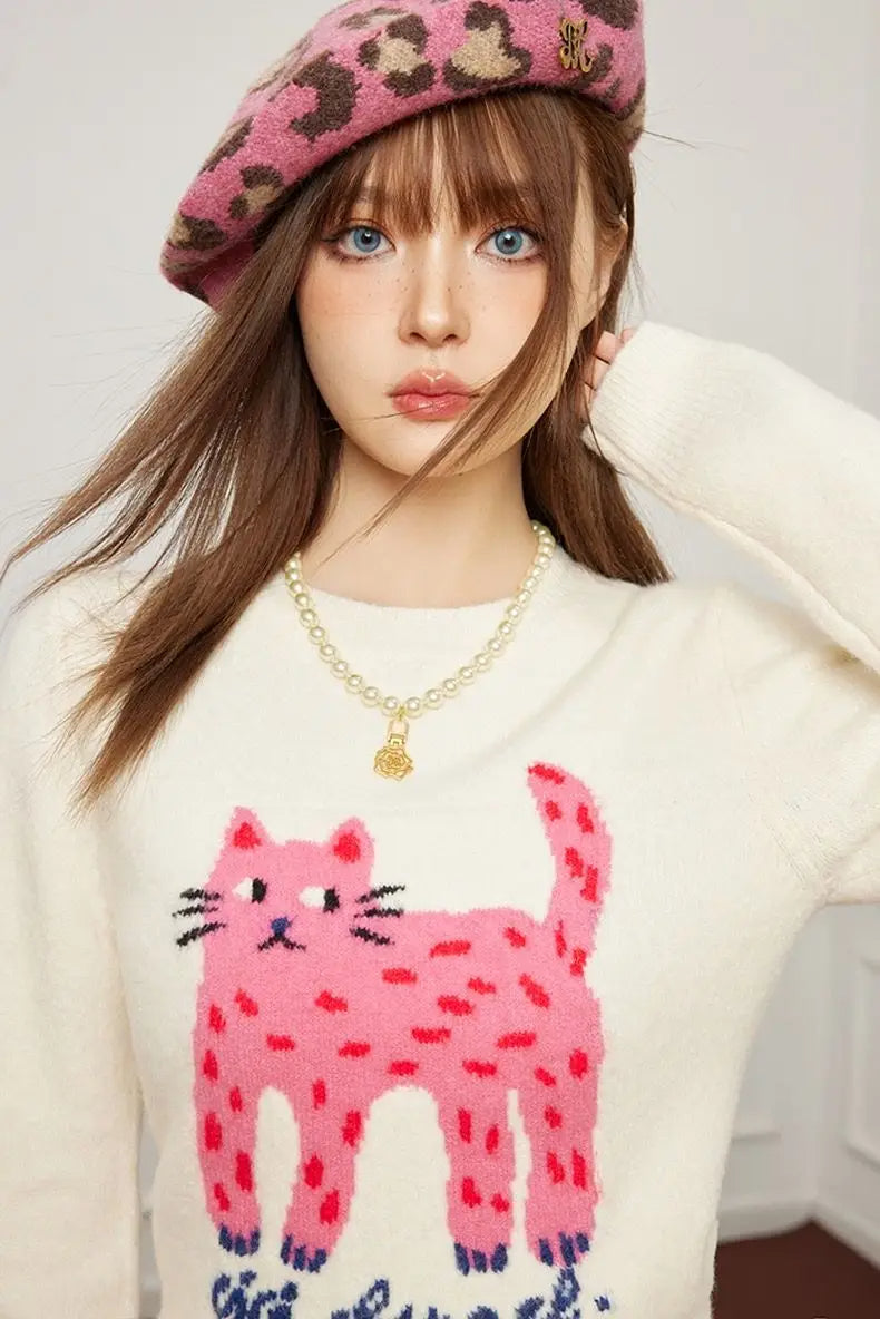 Autumn/Winter Cat Pattern Jacquard Sweater – Slim-Fit Short Pullover for Women with Playful Leg Cartoon Print, Cozy Seasonal Knit Style