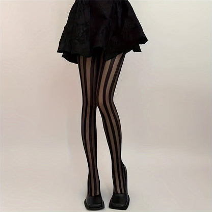 Elegant Black Striped Pattern Tights – 1 Pair Polyamide-Elastane Blend with Lace Details for Chic, Sheer Style and Everyday Comfort