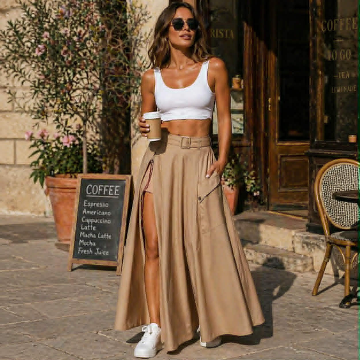 Women's Fashion High Waist Maxi Skirt Set – Casual Women’s Two Piece Outfit with Tank Top and Slit Skirt, Summer Streetwear Fashion