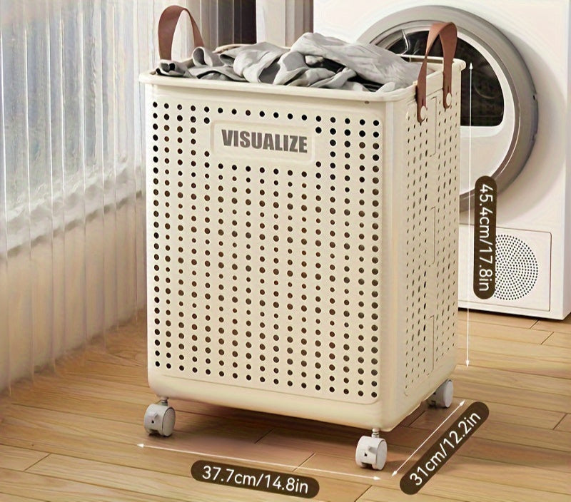 Foldable Laundry Basket with Wheels – Large PU Leather Hamper for Bathroom & Balcony Storage, Hand-Washable and Space-Saving Design