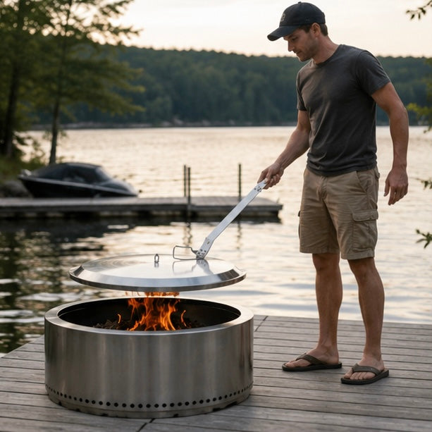 Ergonomic Fire Pit Lid Lifter Tool - Stainless Steel Hook Handle for Safe Fire Pit Cover Removal and Outdoor Cooking