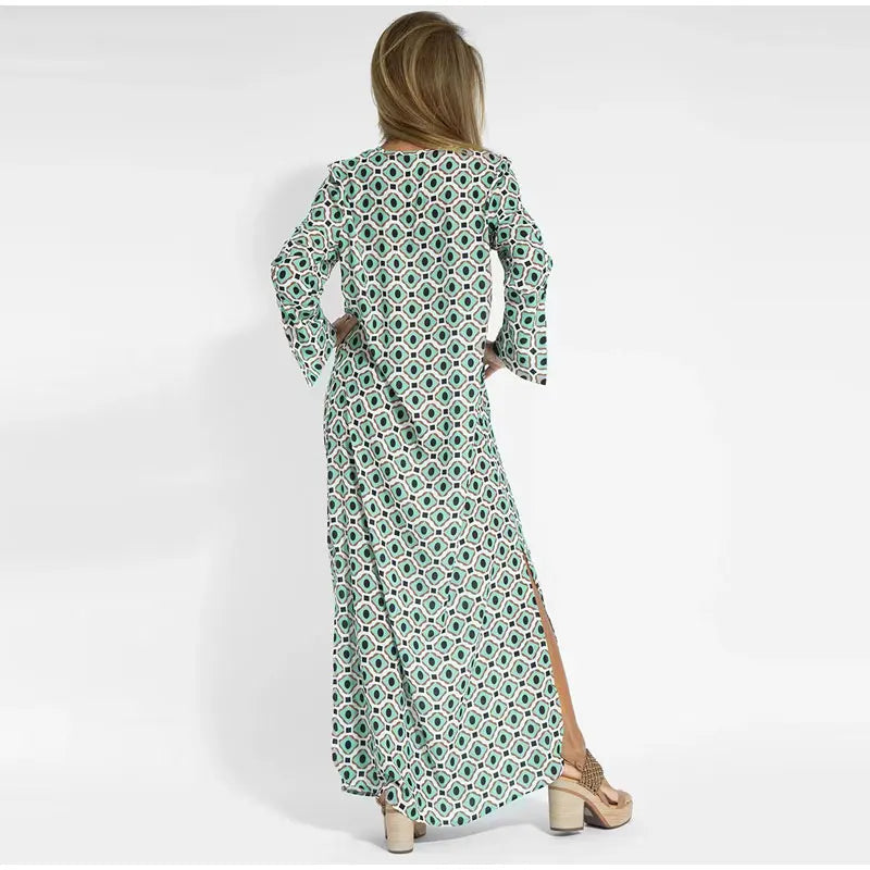 Floral Geometric Split Dress – Women’s Summer Long Sleeve V-Neck Ankle-Length Print Dress for Casual Fashion and Comfortable Elegance