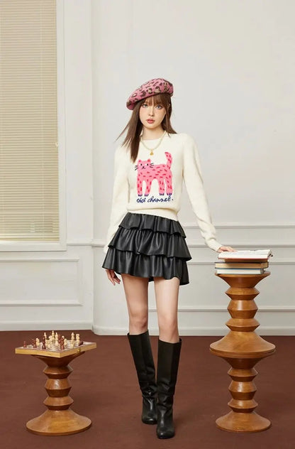 Autumn/Winter Cat Pattern Jacquard Sweater – Slim-Fit Short Pullover for Women with Playful Leg Cartoon Print, Cozy Seasonal Knit Style