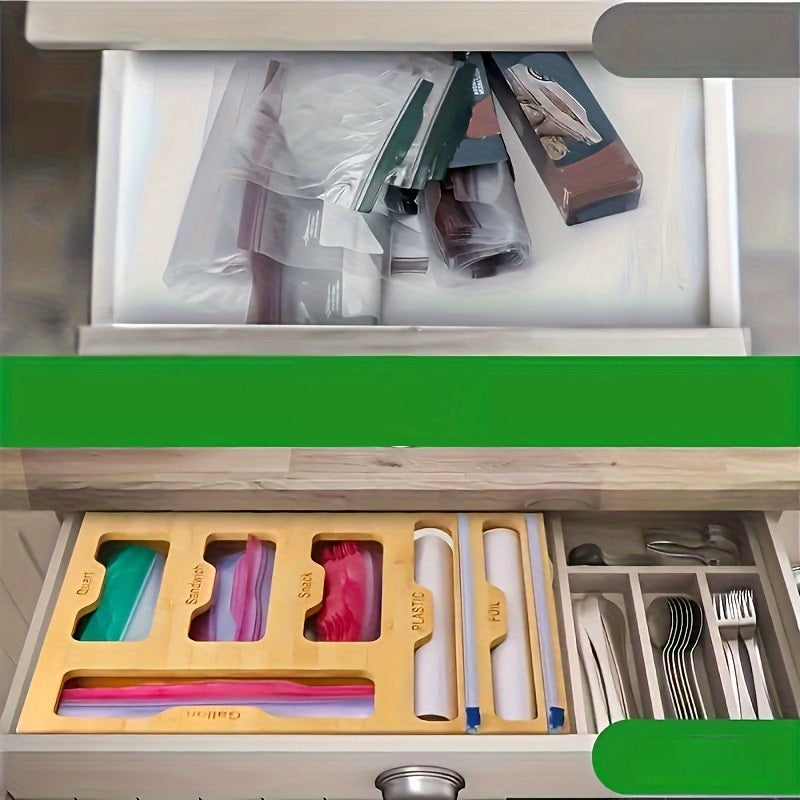 Bamboo Ziplock Bag Organizer – Kitchen Drawer Storage with Wrap Cutter for Bags, Foil, and Eco-Friendly Organization