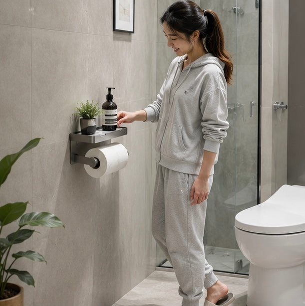 Wall Mounted Toilet Paper Holder – Bathroom Tissue Roll Organizer with Storage Shelf and Convenient Phone Stand