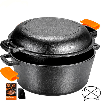 Heavy-Duty Cast Iron Dutch Oven Set – 2-in-1 Convertible Pot & Lid with Silicone Grips for Indoor and Outdoor Cooking Versatility