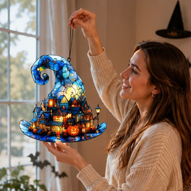 Halloween Witch Hat Hanging Decoration – Acrylic Pumpkin Town Window Pendant Ornament for Bedroom, Living Room, Home, and Party Décor