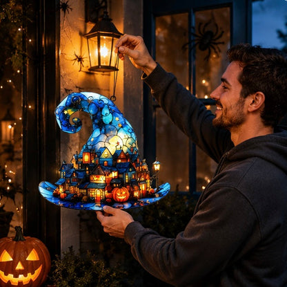 Halloween Witch Hat Hanging Decoration – Acrylic Pumpkin Town Window Pendant Ornament for Bedroom, Living Room, Home, and Party Décor