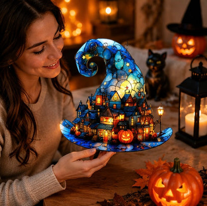 Halloween Witch Hat Hanging Decoration – Acrylic Pumpkin Town Window Pendant Ornament for Bedroom, Living Room, Home, and Party Décor