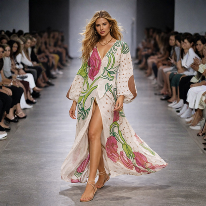 Women’s Deep V-Neck Party Maxi Dress – Long Sleeve Lace-Up Design with Sexy Print, Elegant Fall Evening Dress 2024