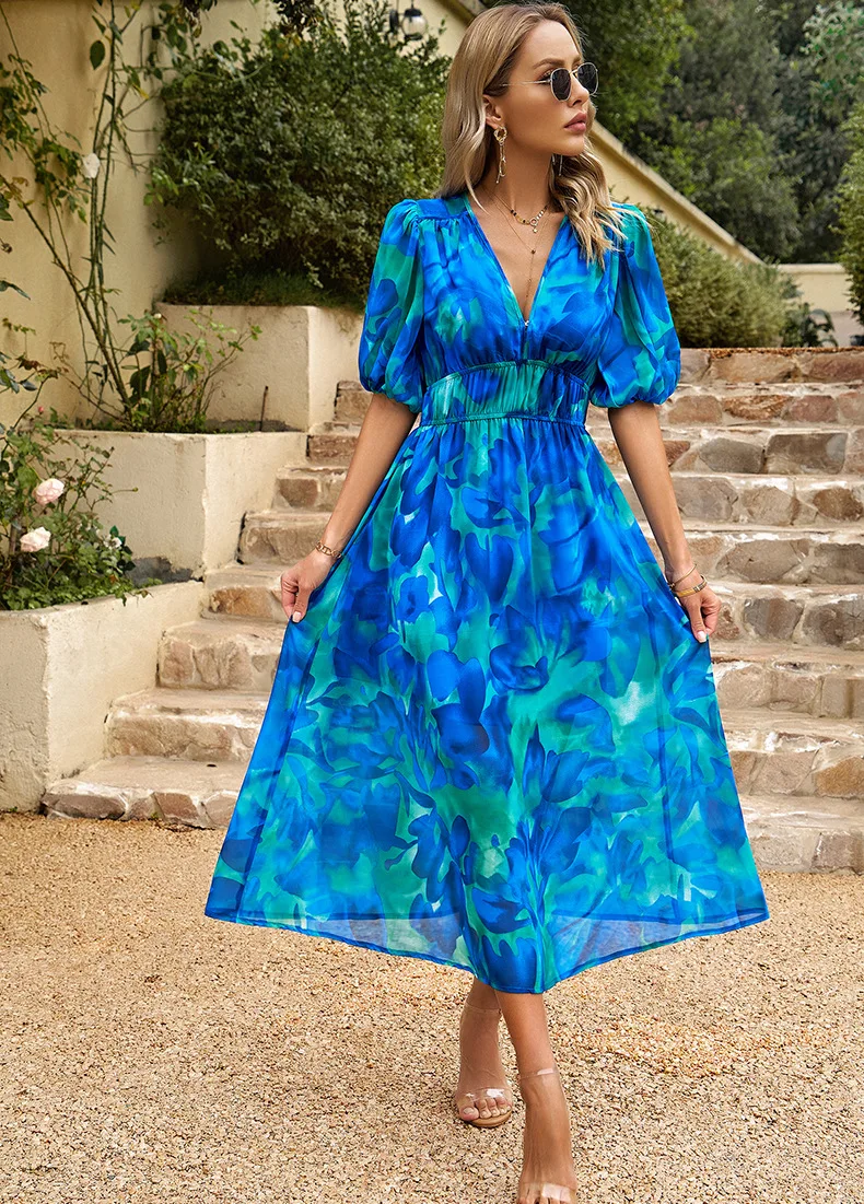Vintage Mesh V-Neck Printed Midi Dress – Lantern Sleeve V-Neck Beauty with an Elastic Waist for Chic Parties