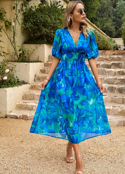 Vintage Mesh V-Neck Printed Midi Dress – Lantern Sleeve V-Neck Beauty with an Elastic Waist for Chic Parties