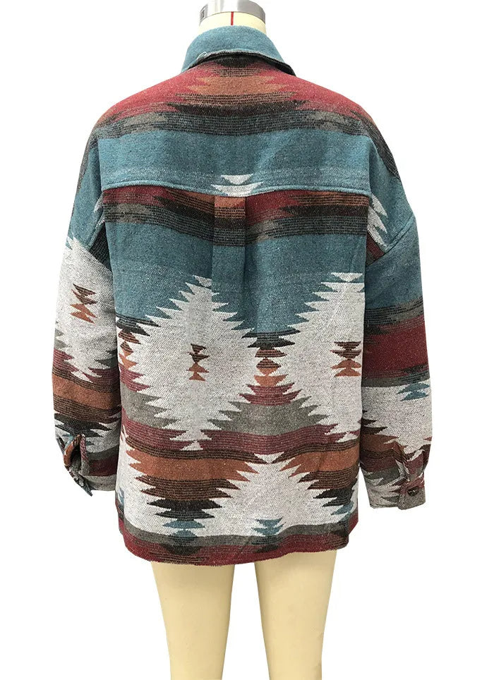 Vintage Aztec Denim Jacket with Collar – Wool Lined Loose Fit Long Sleeve Outerwear for Trendy Streetwear Vibes