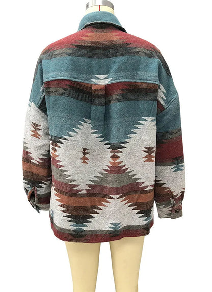 Vintage Aztec Denim Jacket with Collar – Wool Lined Loose Fit Long Sleeve Outerwear for Trendy Streetwear Vibes