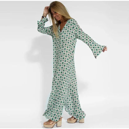 Floral Geometric Split Dress – Women’s Summer Long Sleeve V-Neck Ankle-Length Print Dress for Casual Fashion and Comfortable Elegance