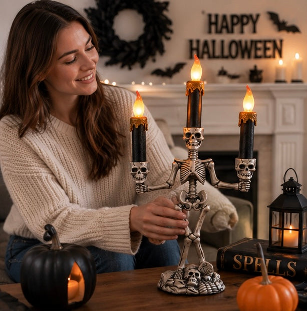 Halloween Skull Candlestick Holder – LED Flameless Candle Stand Horror Prop for Spooky Haunted House Party and Gothic Room Décor