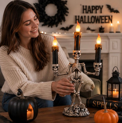 Halloween Skull Candlestick Holder – LED Flameless Candle Stand Horror Prop for Spooky Haunted House Party and Gothic Room Décor