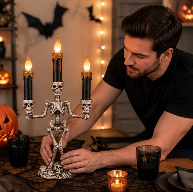 Halloween Skull Candlestick Holder – LED Flameless Candle Stand Horror Prop for Spooky Haunted House Party and Gothic Room Décor